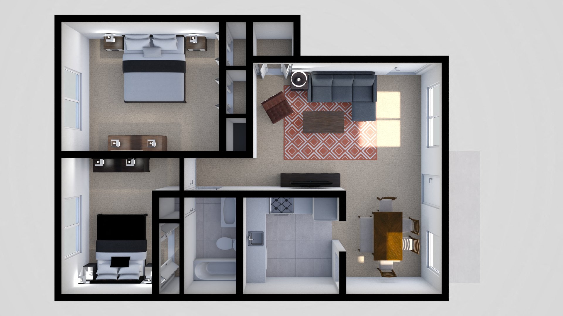 Floor plan for 2 beds, 1 bath, 863 sqft